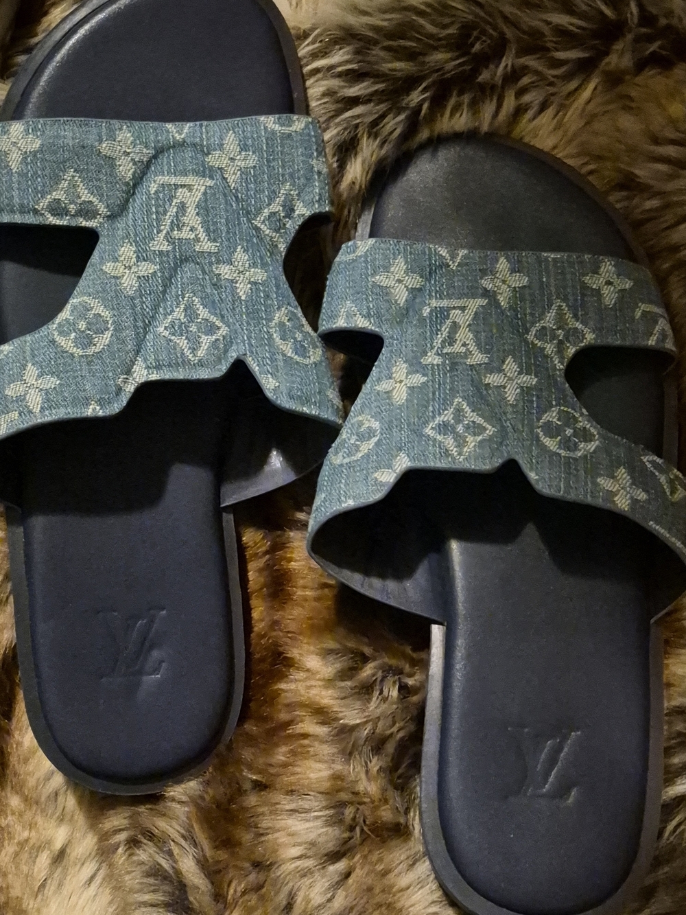 Louis Vuitton Denim Monogram Slide Sandals in Blue and Black - Picture 1 of 2